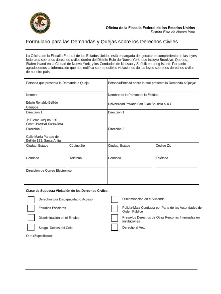 Civilrights Complaint Form Spanish1 v3 | PDF | Violación | Demanda judicial
