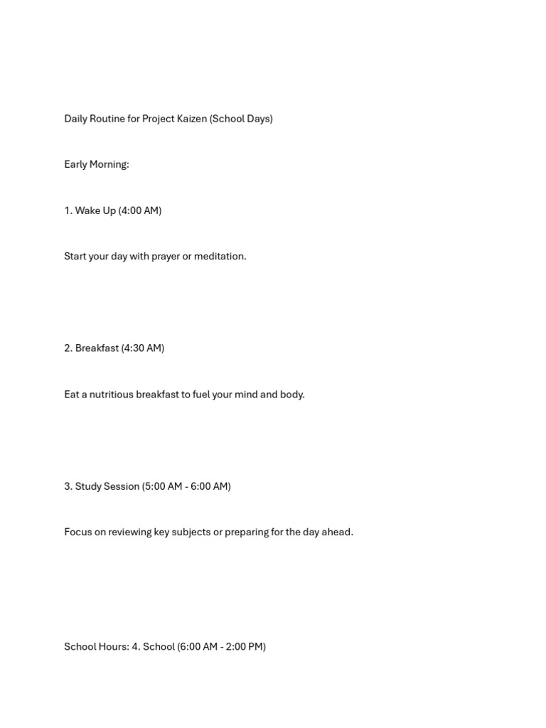 Daily Routine for Project Kaizen | PDF | Self-Improvement | Wellness