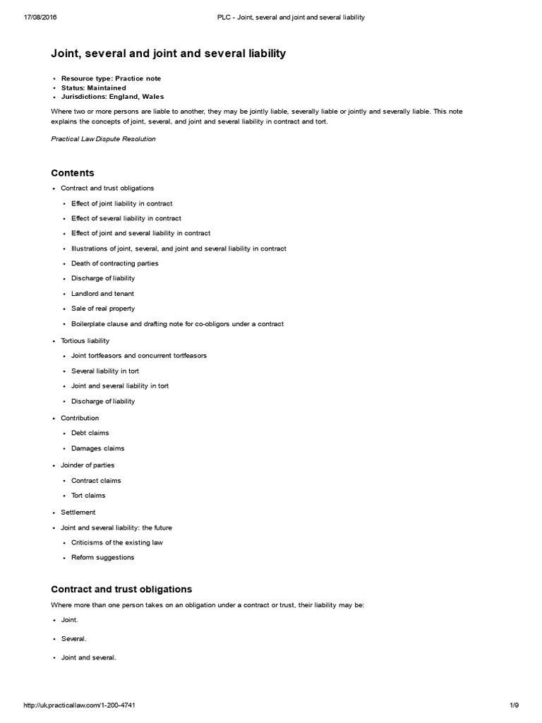 PLC Joint Several and Joint and Several Liability | PDF | Tort | Legal ...