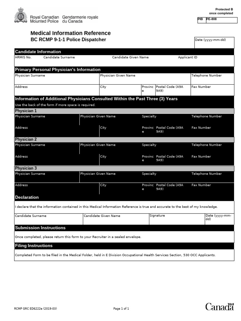 Medical Info Form for RCMP Applicants | PDF | Public Services