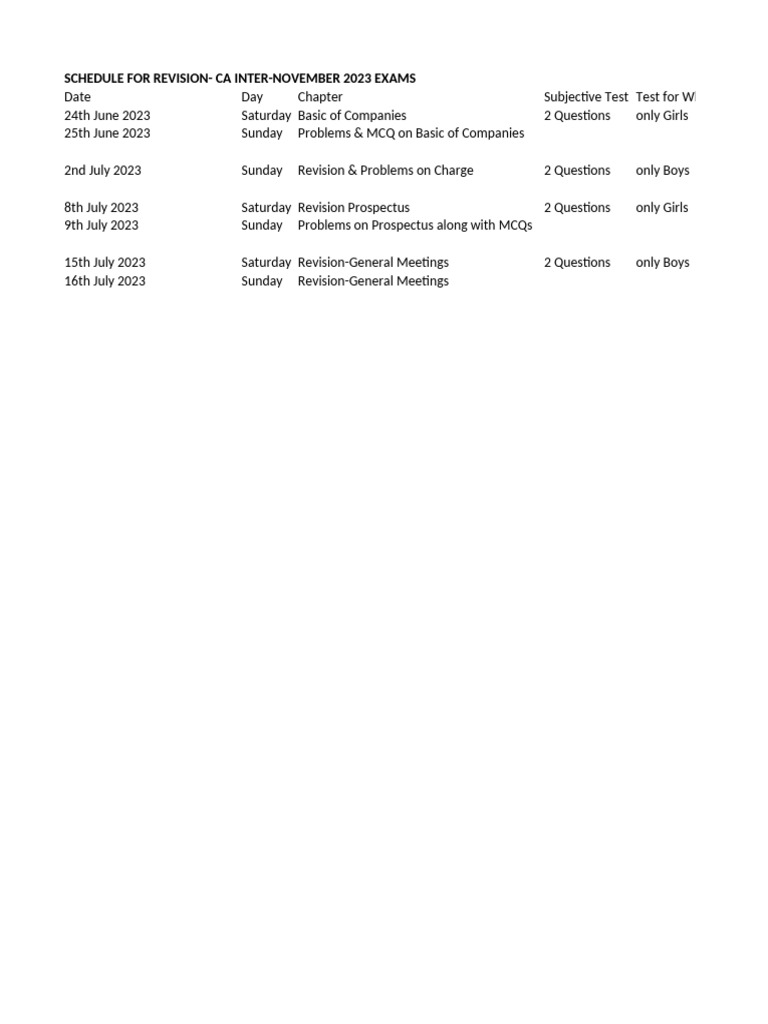 CA Inter November 2023 Revision Schedule | PDF
