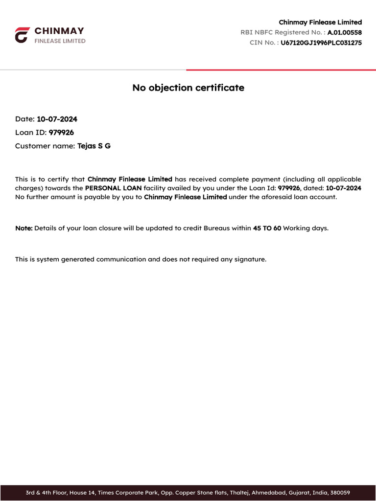 No Objection Certificate: Date: 10-07-2024 Loan ID: 979926 Customer ...