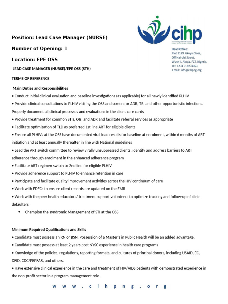 VACANCY ANNOUNCEMENT LEAD CASE MANAGER (NURSE) Updated (004) .Docxddd ...