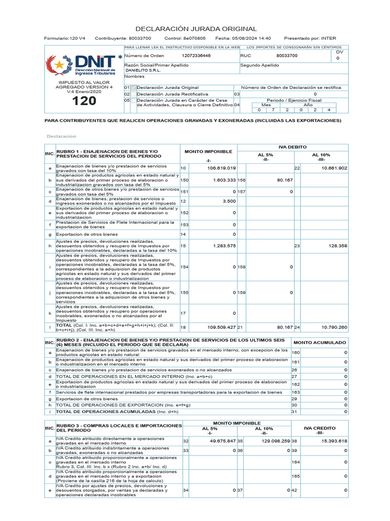 Declaración Jurada IVA 2024 Formulario 120 | PDF | Impuesto al valor ...