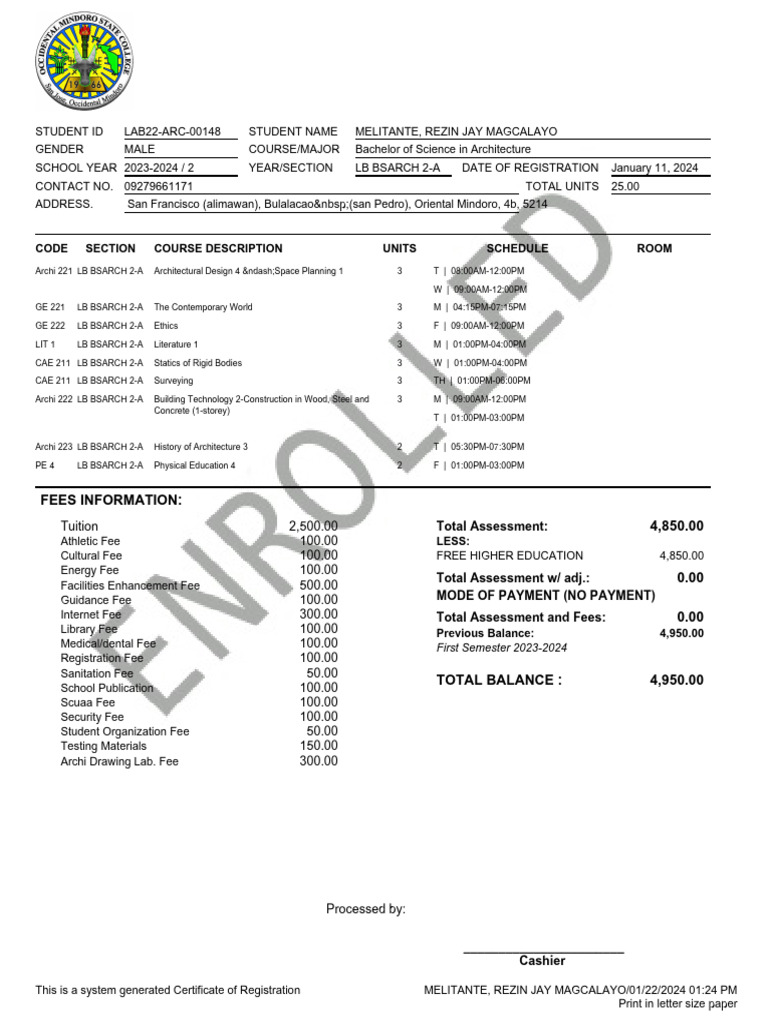 Occidental Mindoro College Registration Certificate | PDF