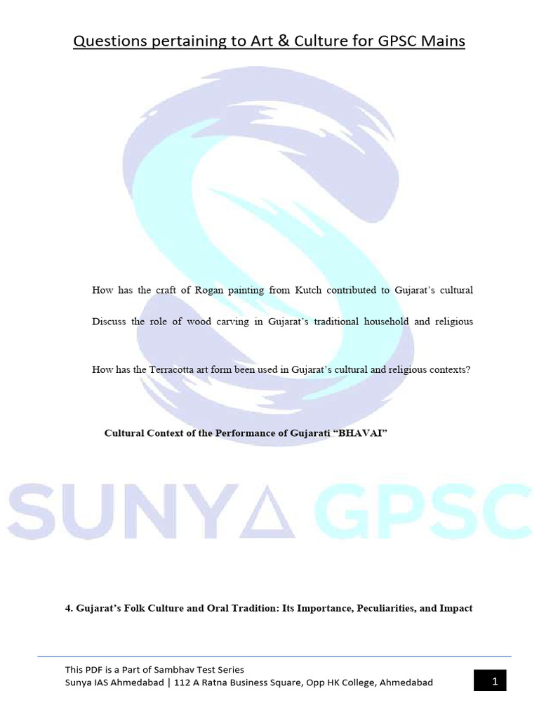 GPSC Art & Culture Questions for Gujarat | PDF | Gujarat | Traditions