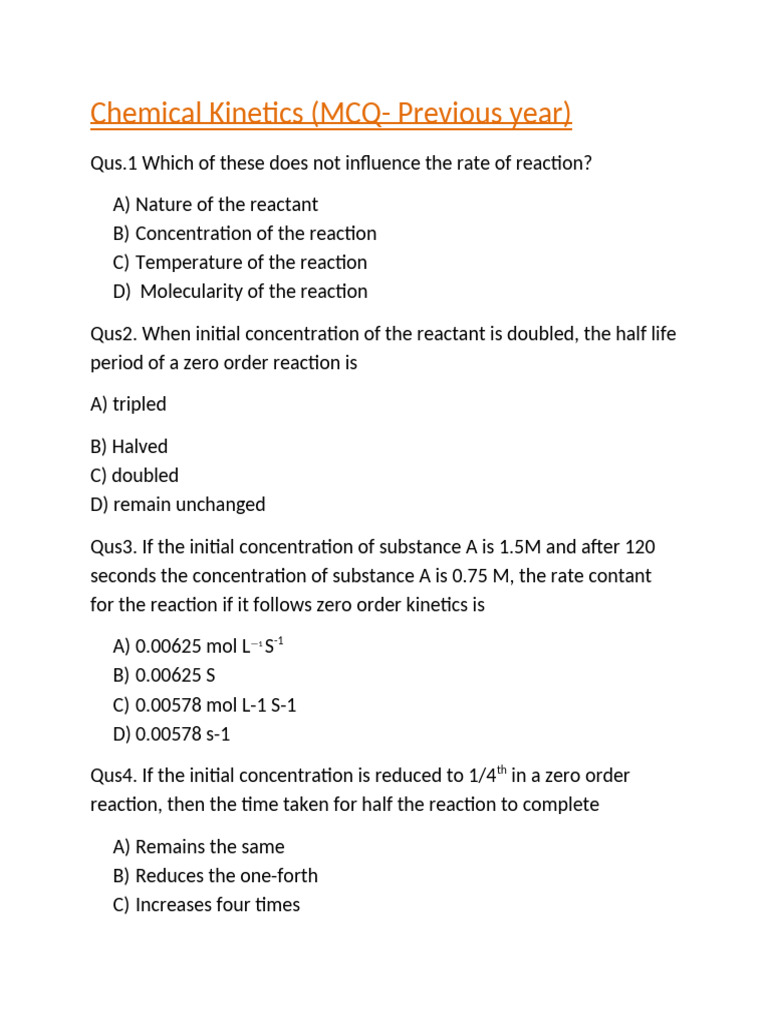 MCQ Chemical Kinetics | PDF | Technology & Engineering