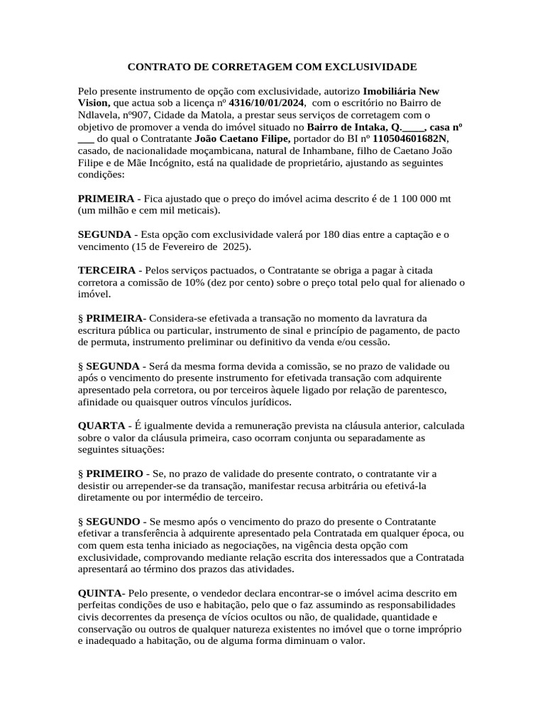 Contrato de Corretagem Exclusiva | PDF