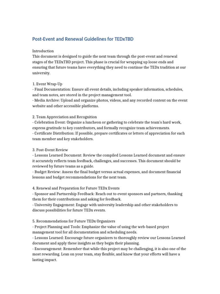 TEDxTBD Post-Event Organizer Guide | PDF | Business