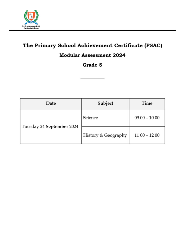PSAC Grade 5 Timetable 2024 | PDF