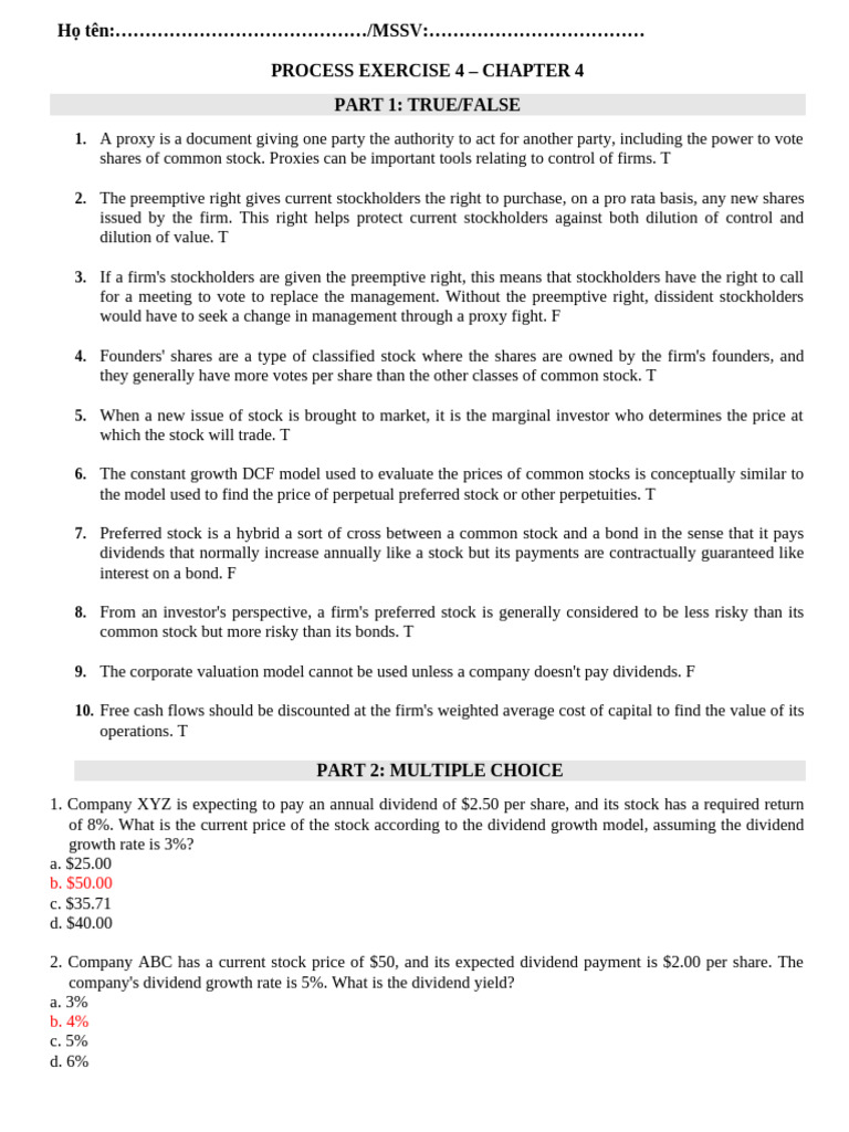 Finance Students' Stock Quiz | PDF | Stocks | Dividend