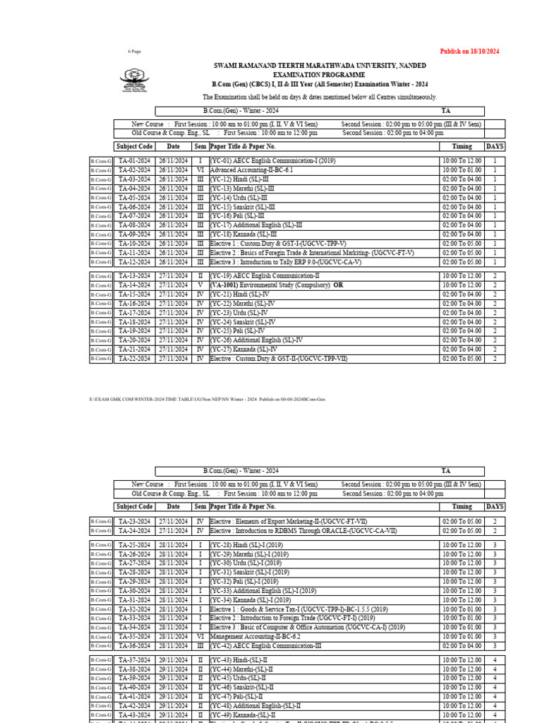 B.Com Winter 2024 Exam Schedule | PDF | Taxes | Trade