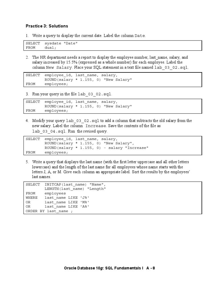 Oracle SQL Fundamentals Practice Solutions | PDF | Sql | Oracle Database