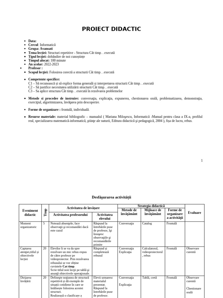 Proiect Didactic INFO | PDF