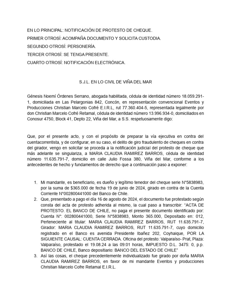 Notificación de Protesto de Cheque | PDF | Cheque | Justicia