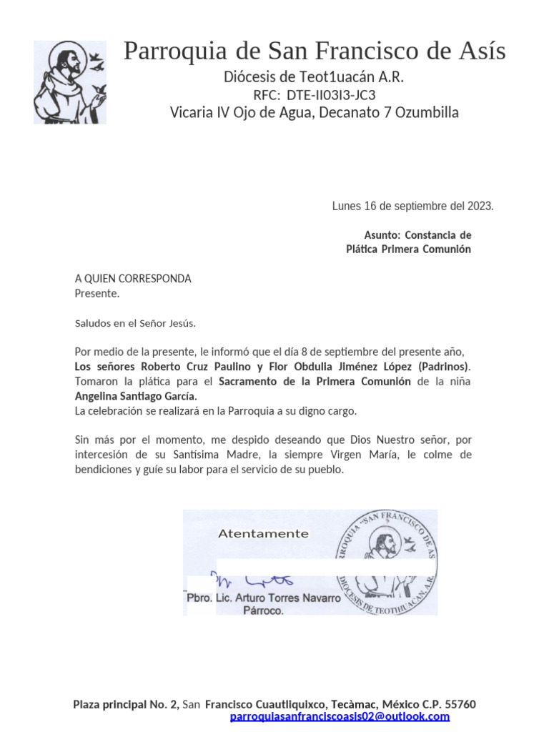 Constancia de Plática Primera Comunión | PDF