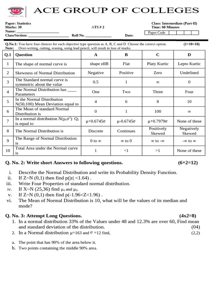 ICS Stat 2nd Year 2nd Ats | PDF | Normal Distribution | Probability ...