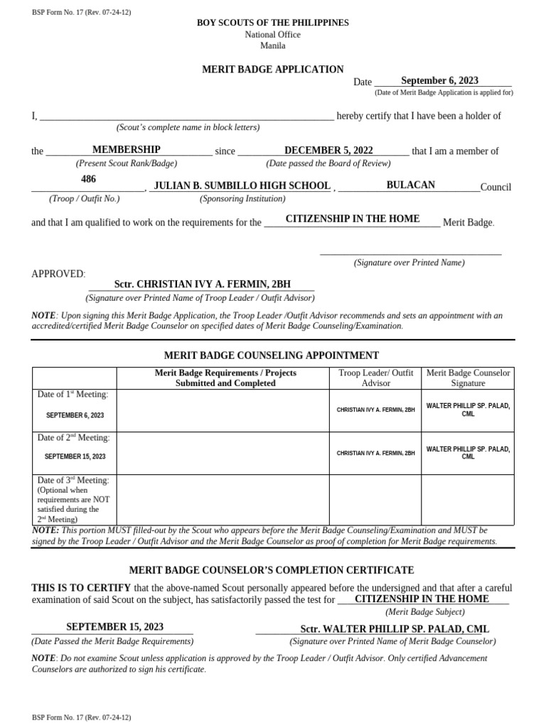 Boy Scouts Merit Badge Application Form | PDF | Scouting | Youth ...