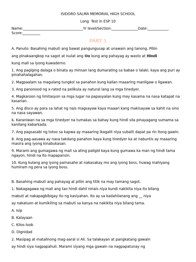Long Test in Esp 10 | PDF