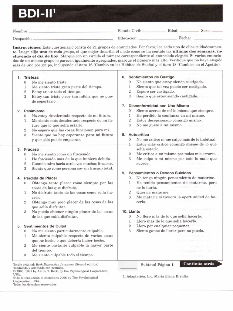 Escala de Depresión de Beck (Test) | PDF