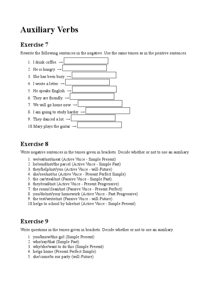 Auxiliary Verb Exercises Perfect Grammar Verb