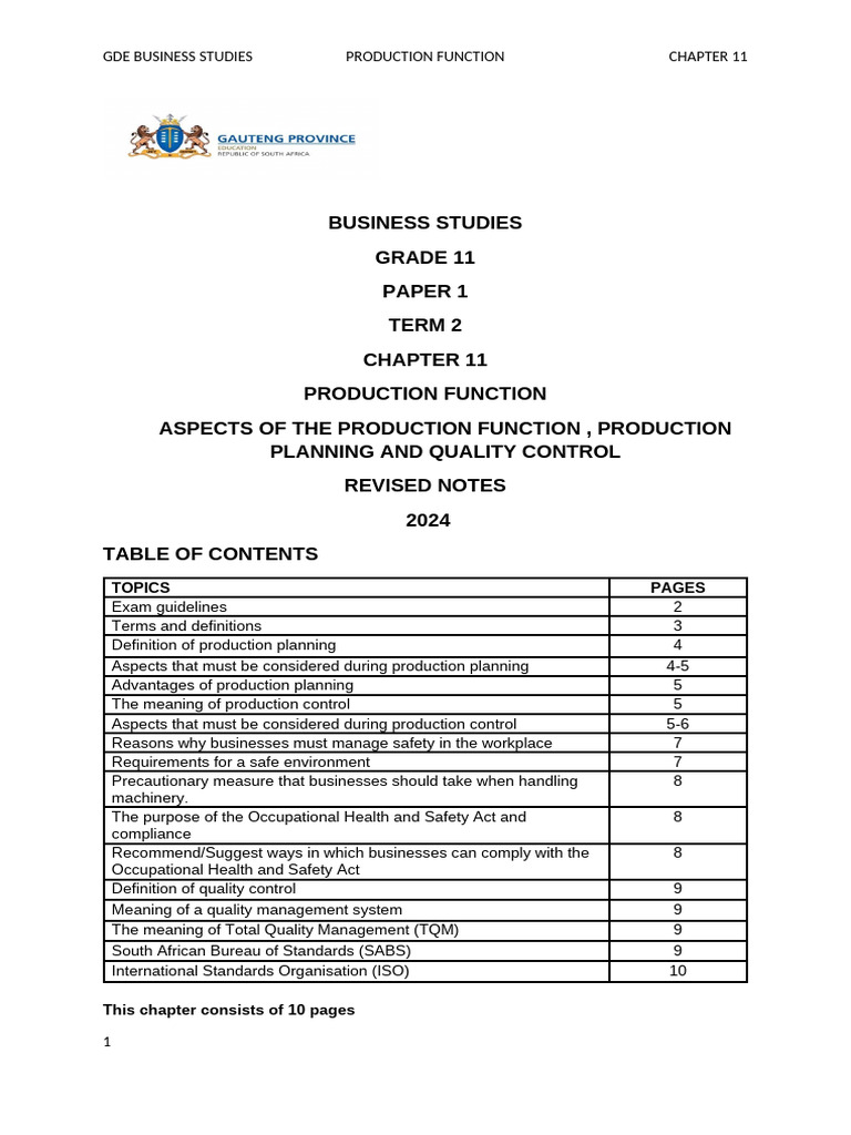 Grade 11 Production Function Overview | PDF | Occupational Safety And ...