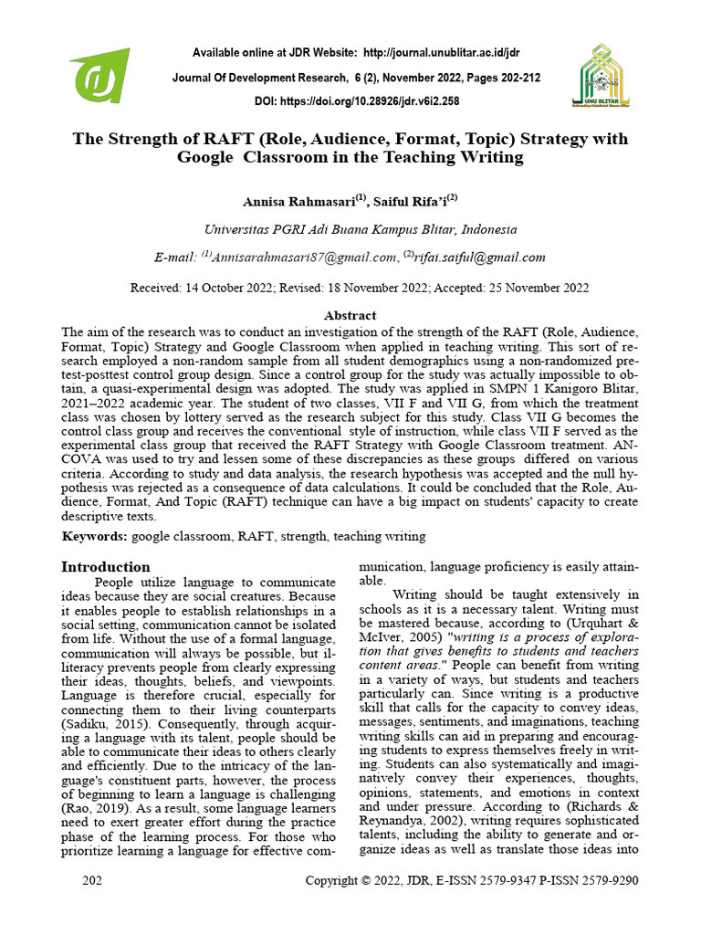 RAFT Strategy in Google Classroom Writing | PDF | Teachers | Hypothesis
