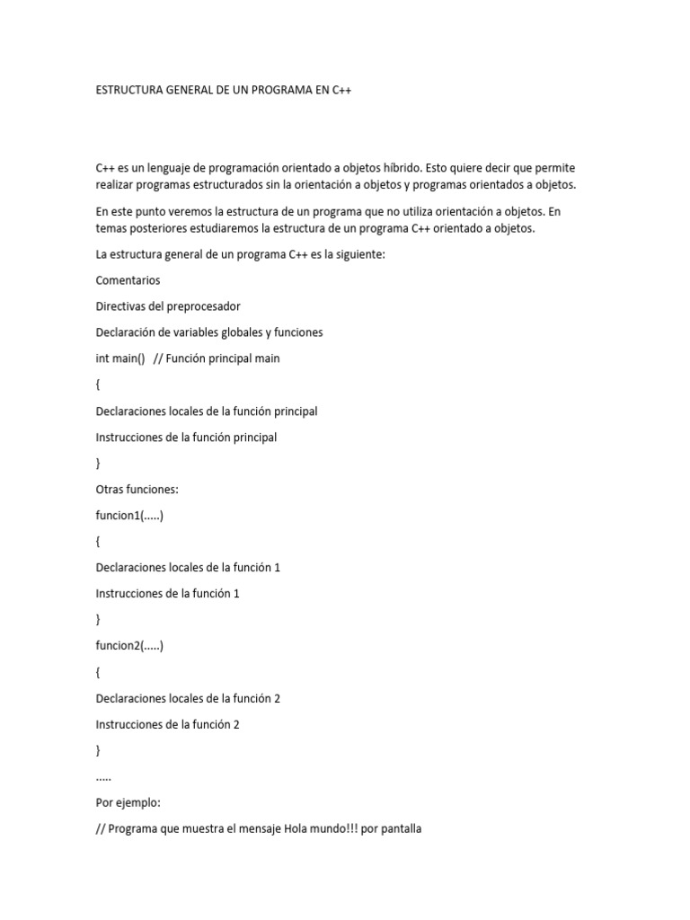 Estructura de un Programa en C++ | PDF | C ++ | Tecnologías de la ...