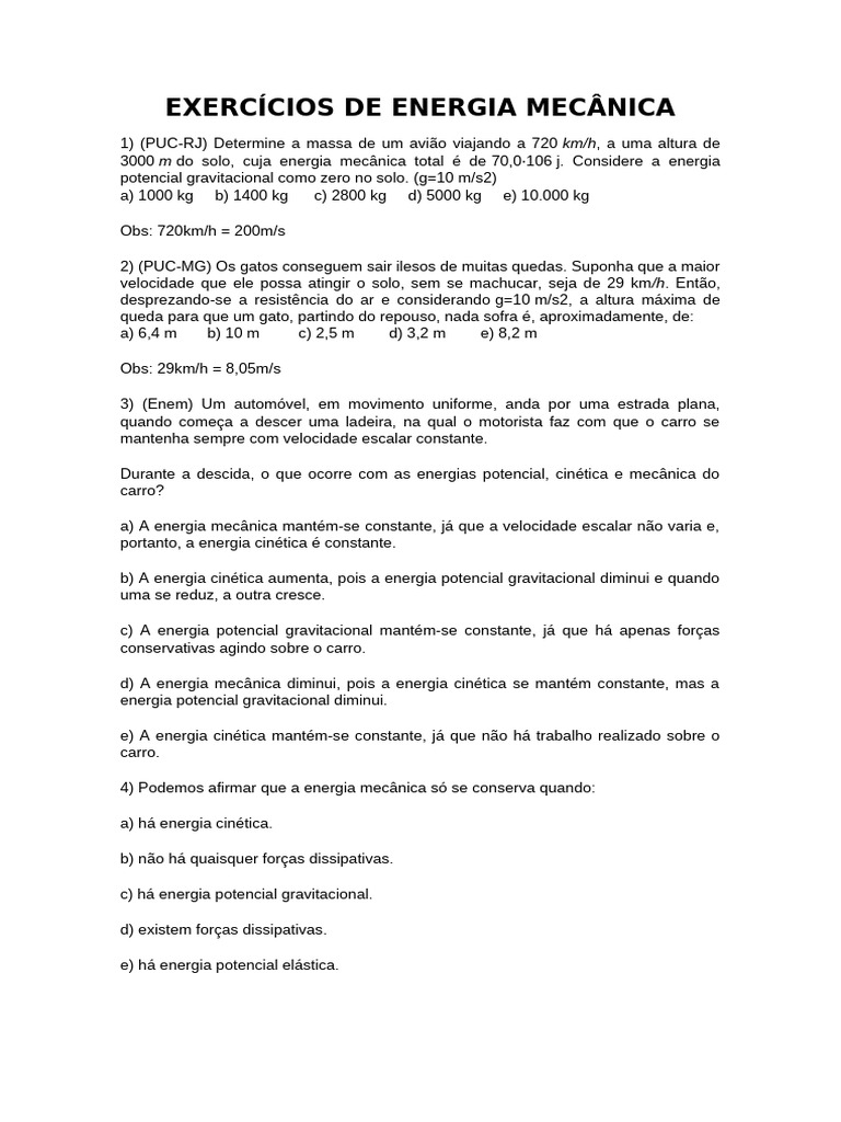 Exercícios sobre Energia Mecânica | PDF | Métodos e Materiais de Ensino ...