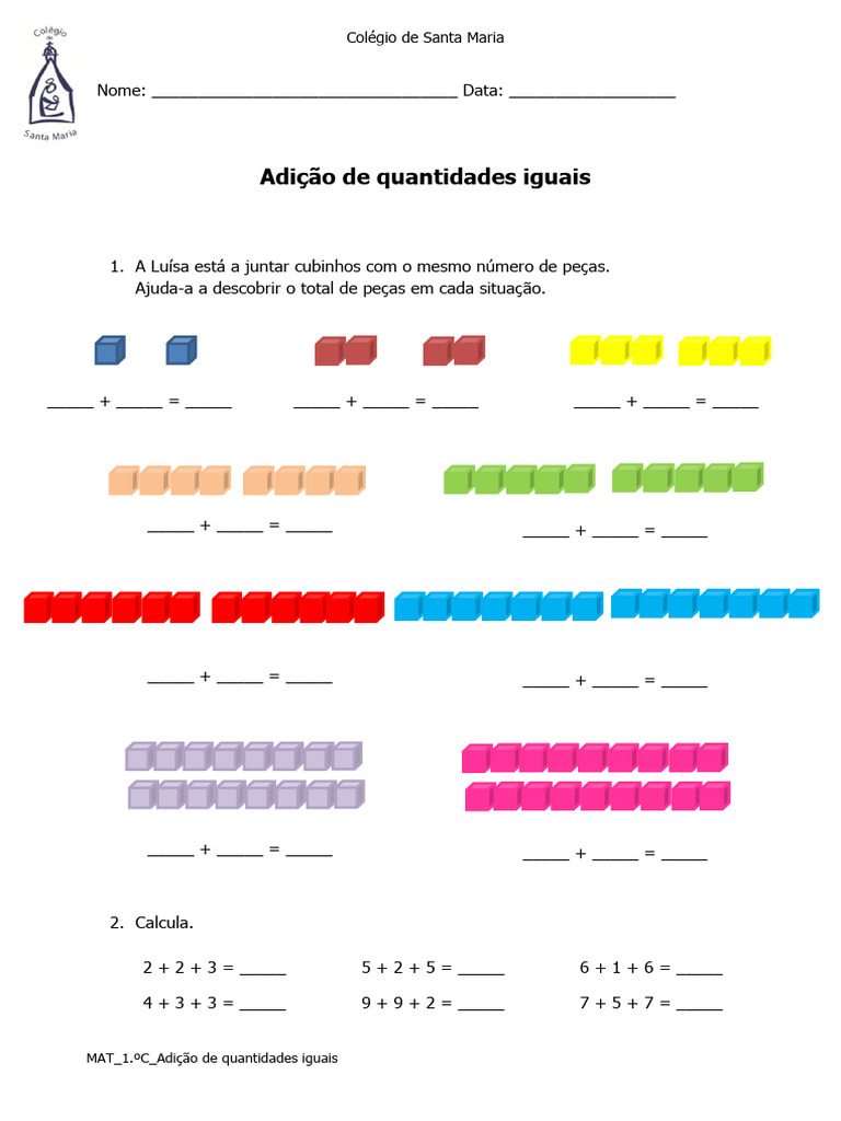 MAT - 1.ºA - Adição de Quantidades Iguais | PDF | Finanças e ...