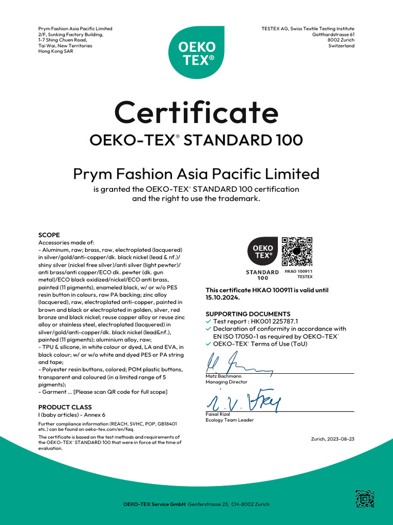 Prym PFAP Oeko-Tex Certificate 2023-2024 | PDF | Silver | Materials