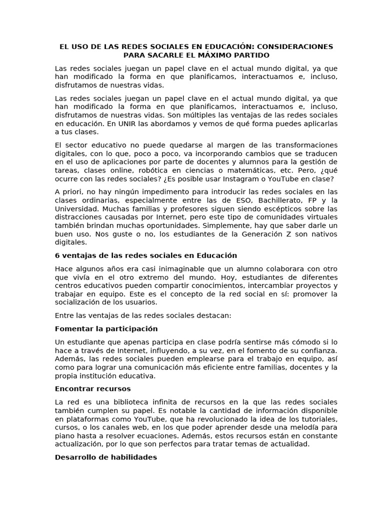 El Uso de Las Redes Sociales en Educación | PDF | Servicio de redes ...
