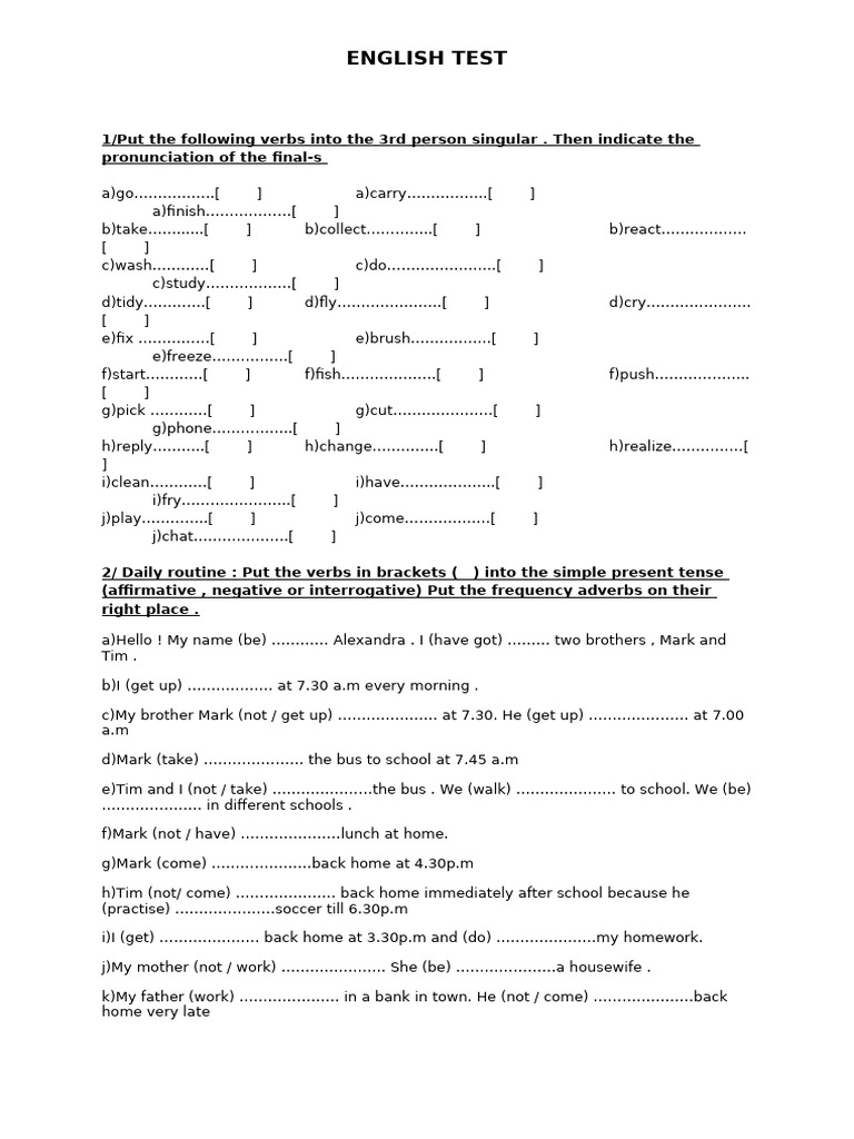 English Grammar Test for Beginners | PDF | Linguistic Morphology ...