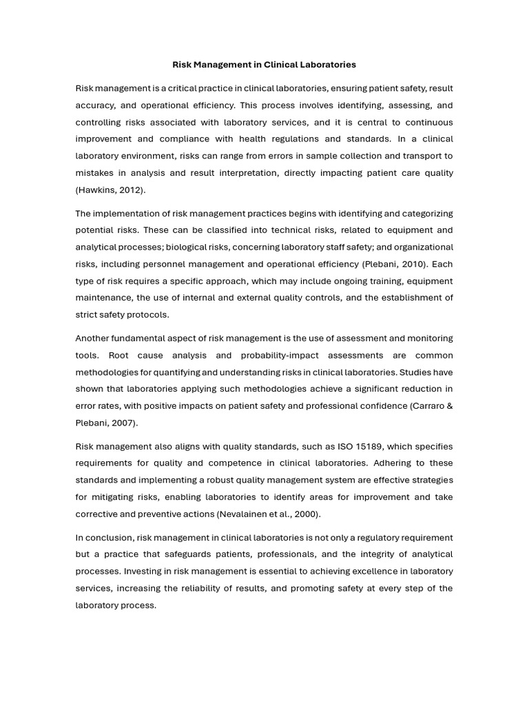 Risk Management in Clinical Laboratories | PDF | Risk Management | Risk