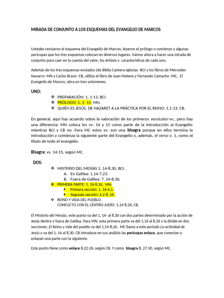 Análisis de Esquemas del Evangelio de Marcos | PDF | Jesús | Evangelio ...