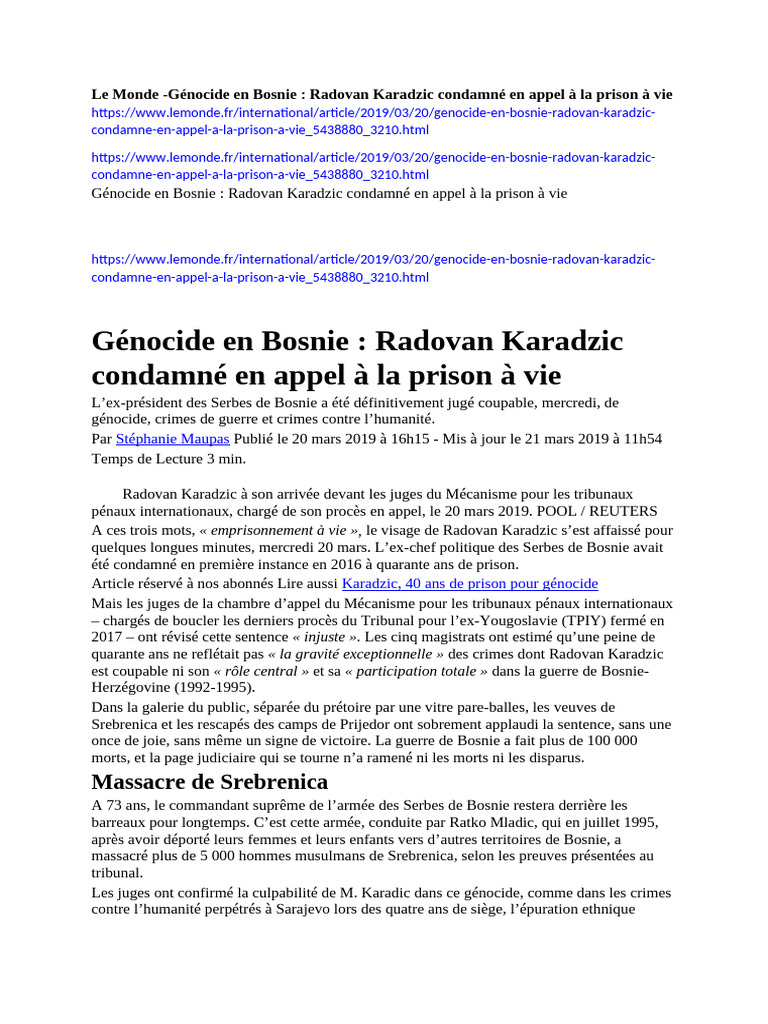 Karadzic condamné à la prison à vie | PDF | Droit international pénal ...