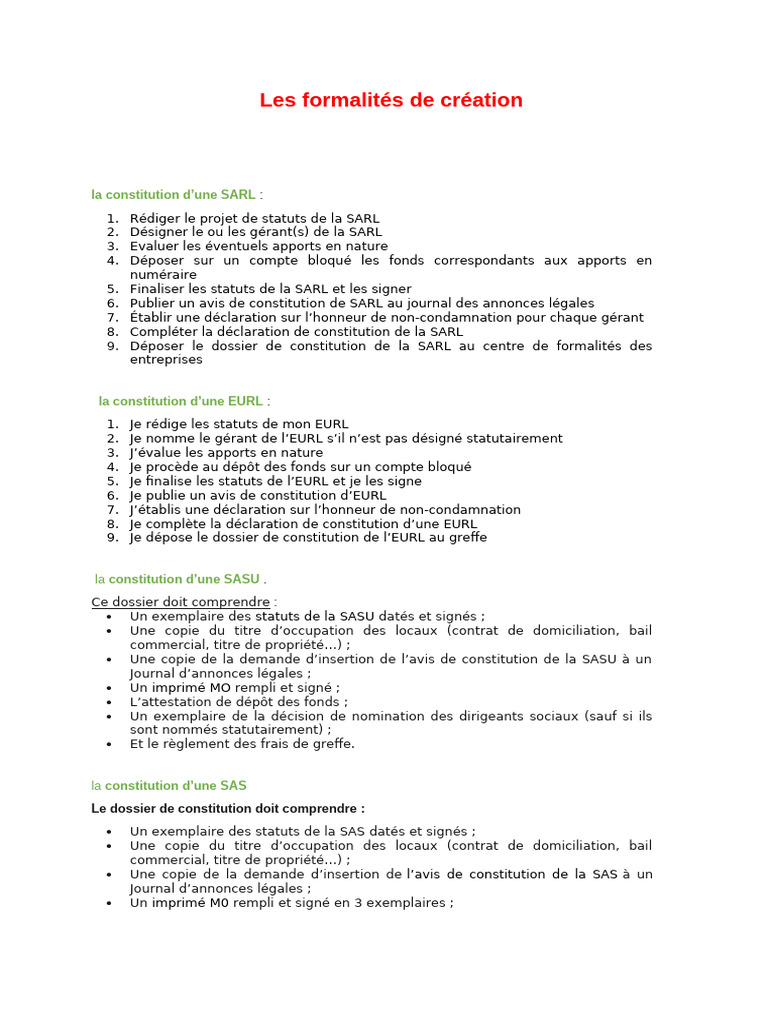 Création d'une SASU : Formalités essentielles | PDF | Entreprise ...