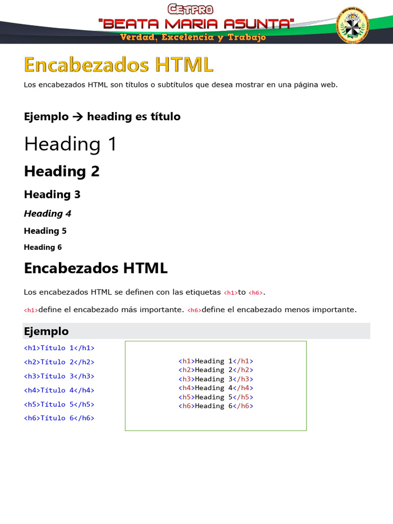 Encabezados en HTML: Tipos y Uso | PDF