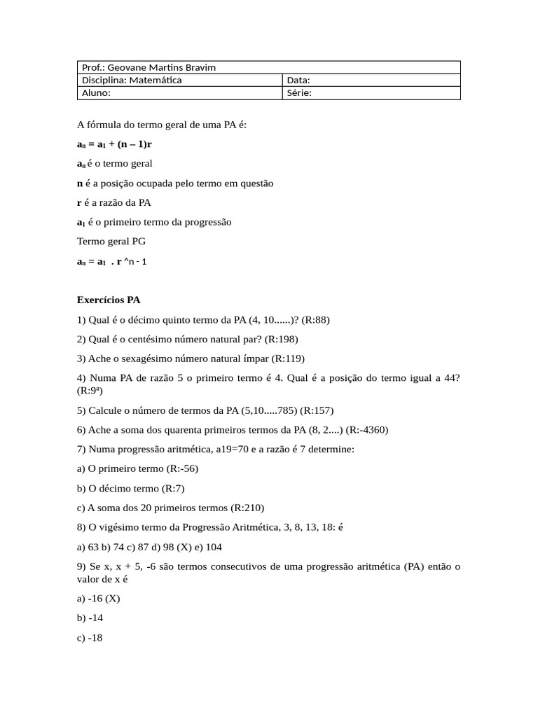 Exercícios de PA e PG para Estudo | PDF | Métodos e Materiais de Ensino