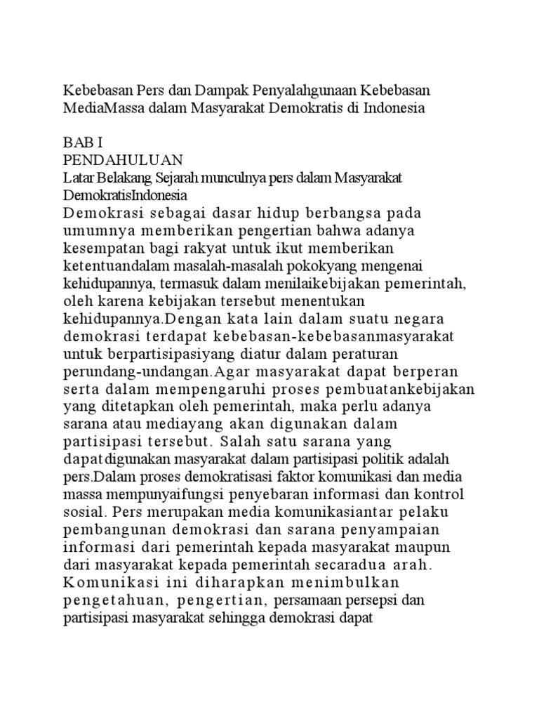 Kebebasan Pers Dan Dampak Penyalahgunaan Kebebasan Media Mass A Dalam