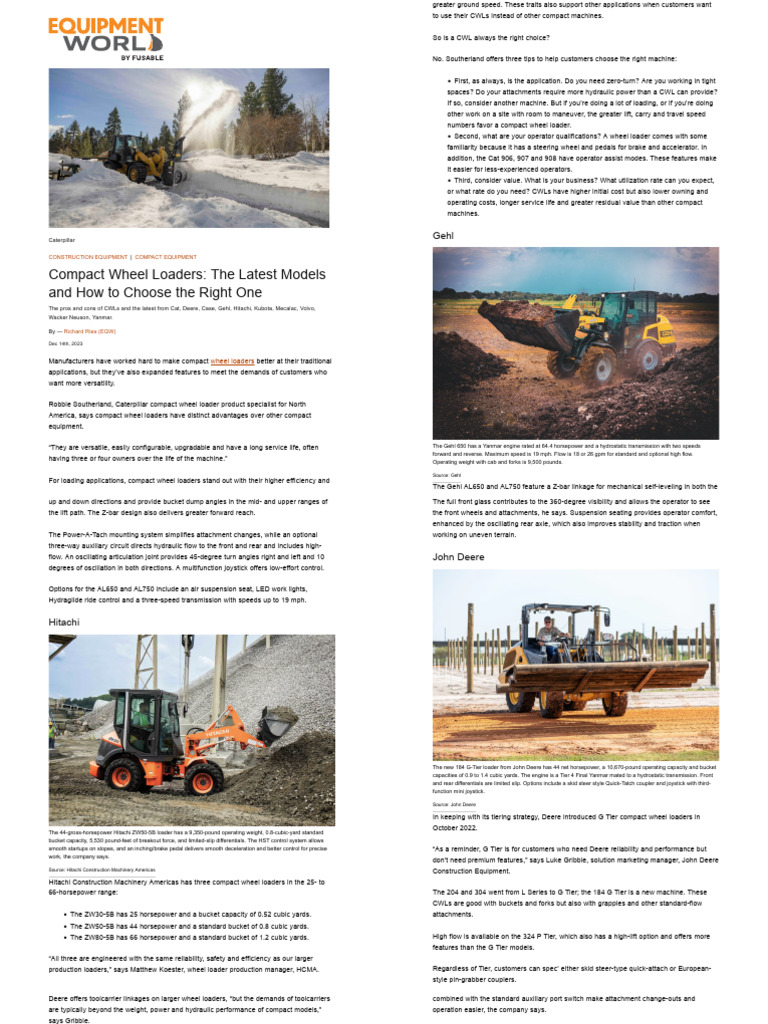 Compact Wheel Loader Buyers' Guide - Equipment World | PDF | Loader ...