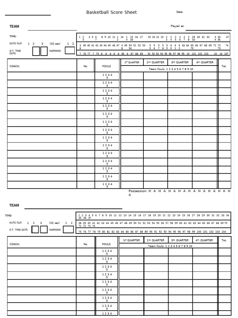 Printable Basketball Score Sheet PDF Sports Team Sports