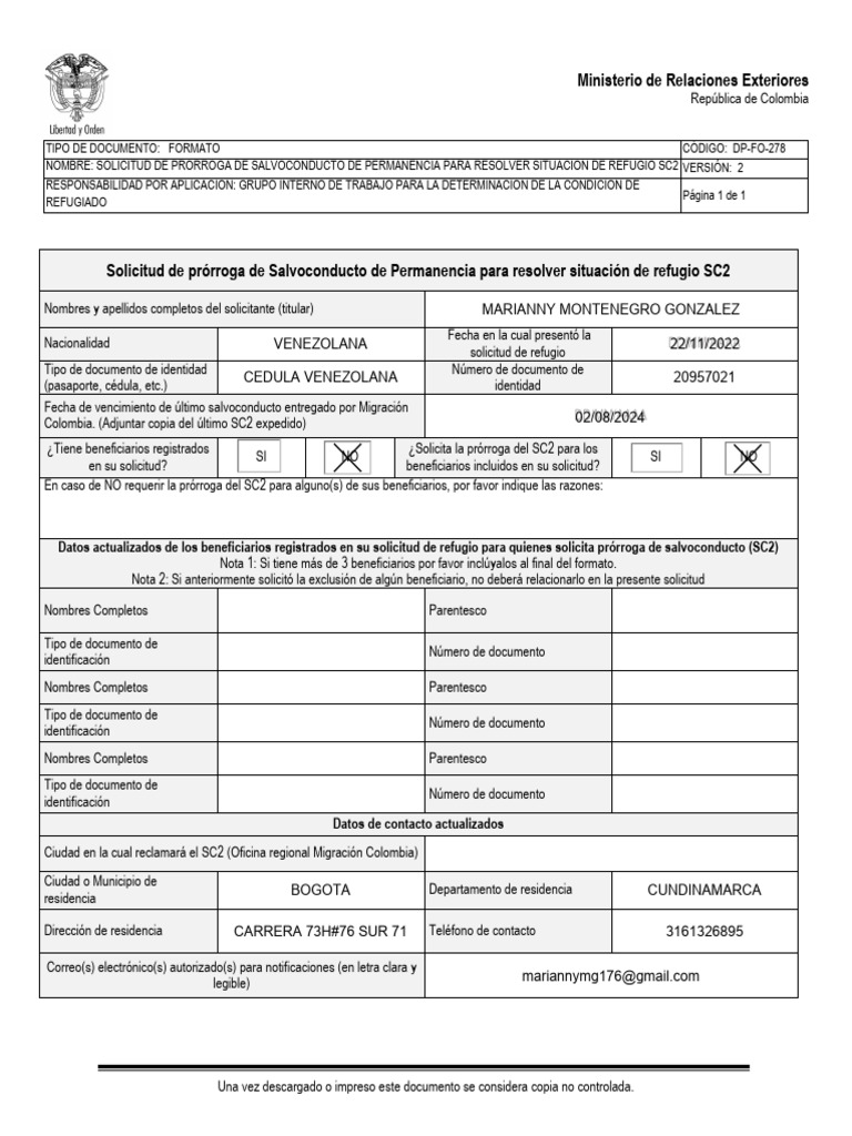 Solicitud de Prórroga SC2 para Refugio | PDF | Documento de identidad ...