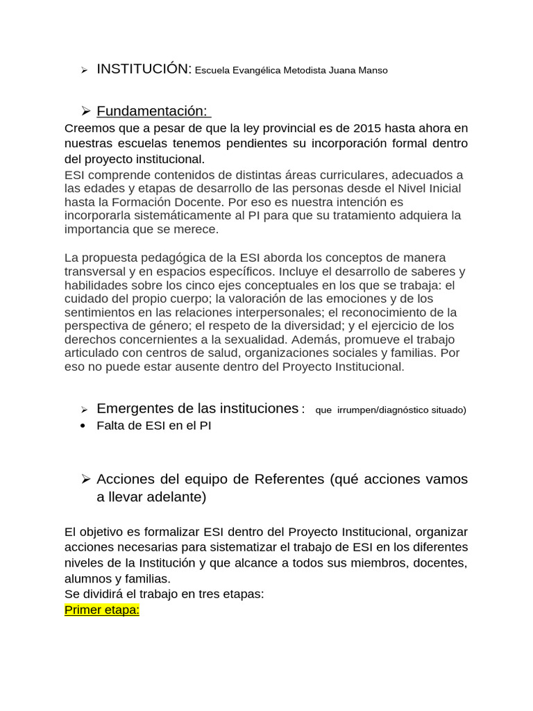 Proyecto Institucional ESI | PDF | Educación de la primera infancia