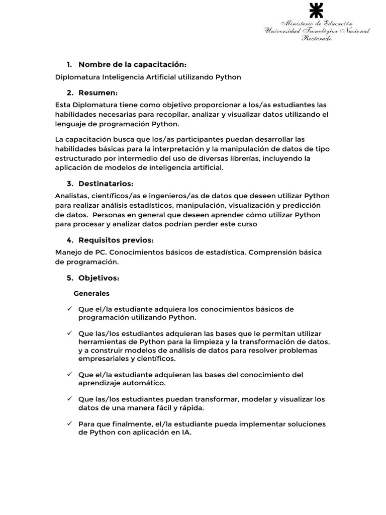 Diplomatura Inteligencia Artificial Utilizando Python | PDF | Red ...