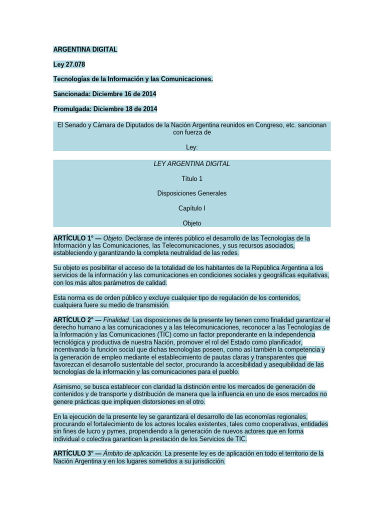 Ley 27.078 | PDF | Telecomunicaciones | Tecnolog?�a de informaci?�n y comunicaciones
