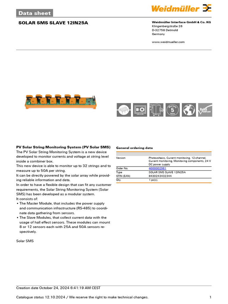 Weidmüller Solar SMS Slave 12IN25A Data Sheet | PDF | Photovoltaic ...