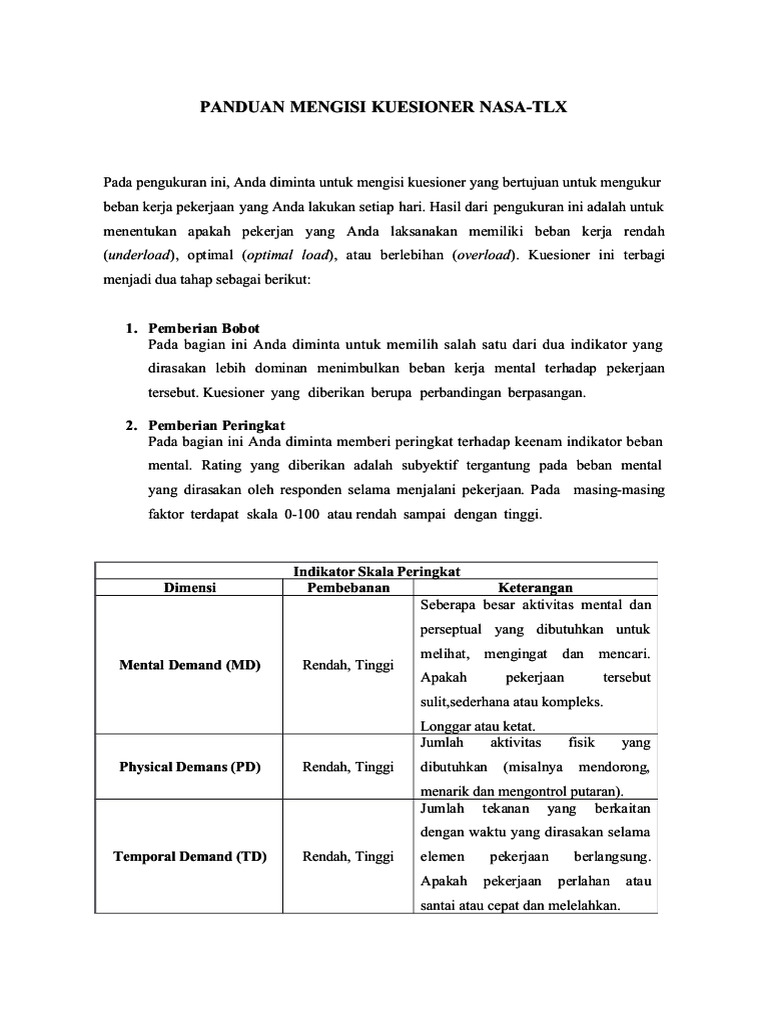 Kuesioner Nasa TLX | PDF