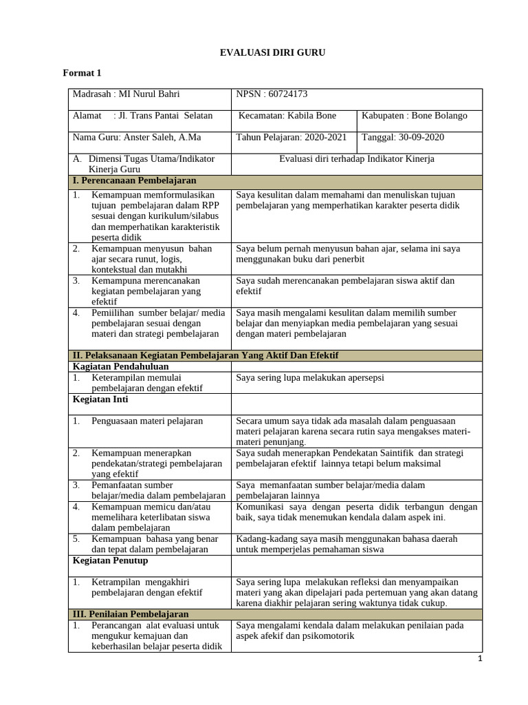 Evaluasi Diri dan Rencana Pengembangan Guru | PDF | Pengembangan Diri ...