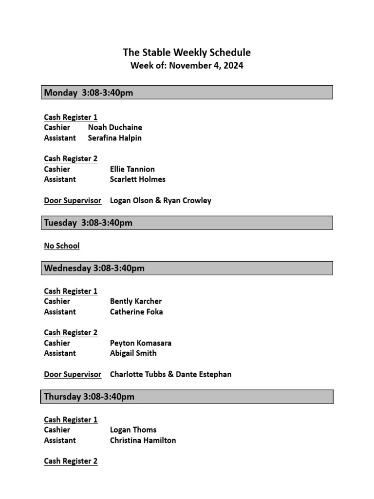 Stable Schedule November 4 2024 1 | PDF
